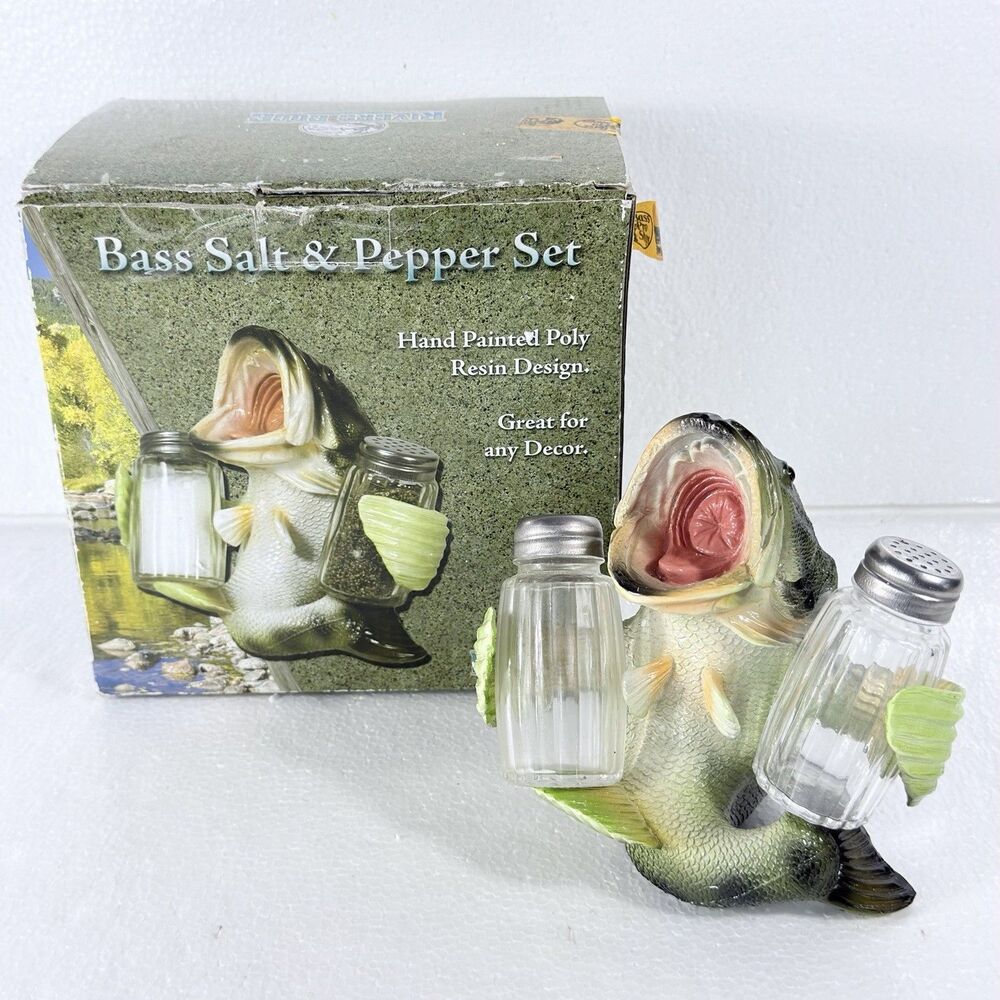 Rivers Edge Bass Fish Salt And Pepper Shakers Set Resin Holder Glass W/ Box